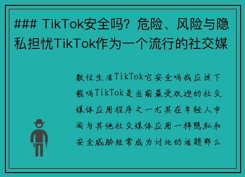 ### TikTok安全吗？危险、风险与隐私担忧TikTok作为一个流行的社交媒体平台，吸引了大